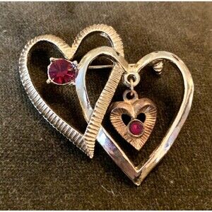 Vintage Double Heart Brooch Gold Tone Red Rhinestone Dangle Valentine Pin Love
